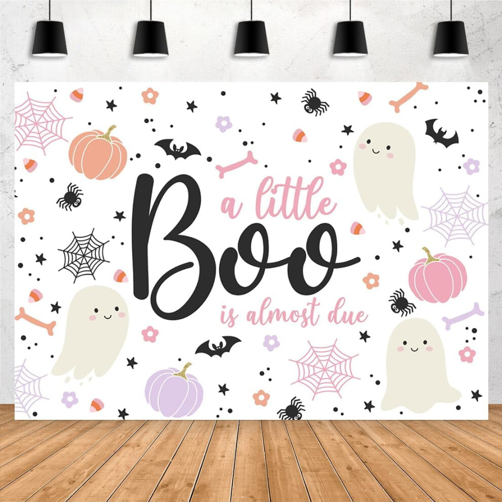 7X5ft Halloween Baby Shower Backdrop - A Little Boo Is Almost Due, Blush Pumpkin Skull Spider Web Bat, Compatible With Photography Background Pink 9395123404660