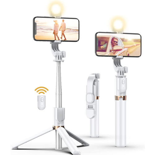 Trépied perche à selfie avec télécommande sans fil détachable, trépied extensible avec éclairage d'appoint, compatible avec iPhone