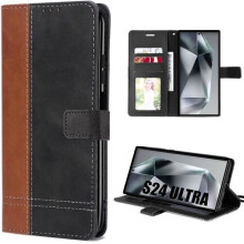 Étui de protection compatible avec Samsung Galaxy S24 Ultra - Étui imperméable - Aspect cuir bicolore marron et noir - Souple - Étui à rabat