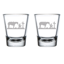 Set mit 2 Schnapsgläsern (50 ml) mit Cowgirl-Motiv, betendes Kreuz und Pferd