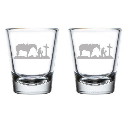 Σετ 2 σφηνοπότηρων 1,75oz με σταυρό προσευχής Cowgirl και άλογο