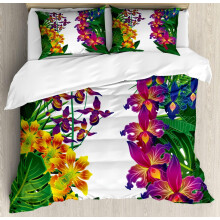 Leaf Duvet Cover Sets, Blooming Flower Kahili Ginger and Orchid Tropical Design, 1 Duvet Cover + 2 Pillowcases, Dark Green Purple