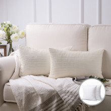 Soft Corduroy Striped Velvet Rectangle Decorative Throw Pillow Cusion For Couch, 12" x 20", Off White, 2 Pack