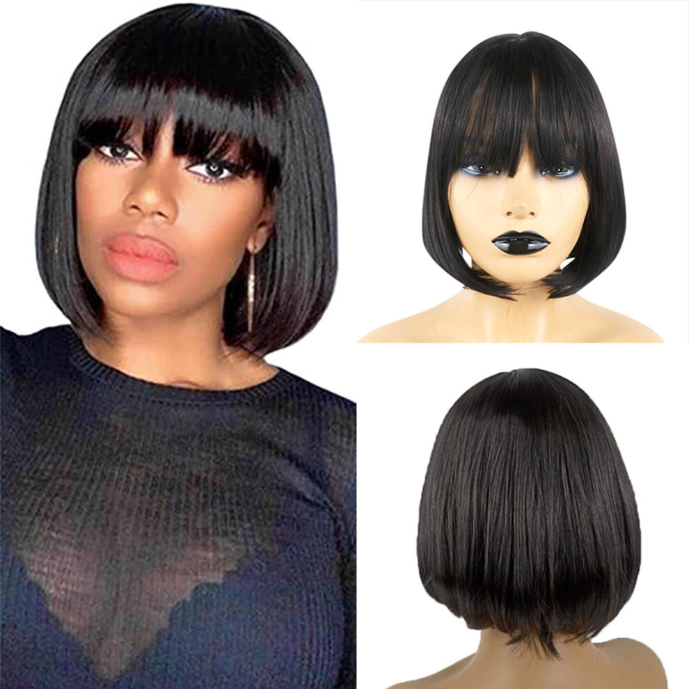 Unisex Black Human Hair Wigs For Women, Straight 13.7" Medium Length Glueless Wig, Compatible With Daily & Party Use, Unice, Clearance Sale