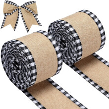 2 Rolla Ribíní Burlap Breac, Ribín Ceardaíochta Gingham Leathan Dubh Bán le Sreang Imeall le haghaidh DIY, Fillte Bronntanais, Maisiúcháin