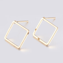 2 paires de clous d'oreilles en laiton plaqué or clair, forme losange, 16,5 x 16,5 mm, tige : 0,8 mm