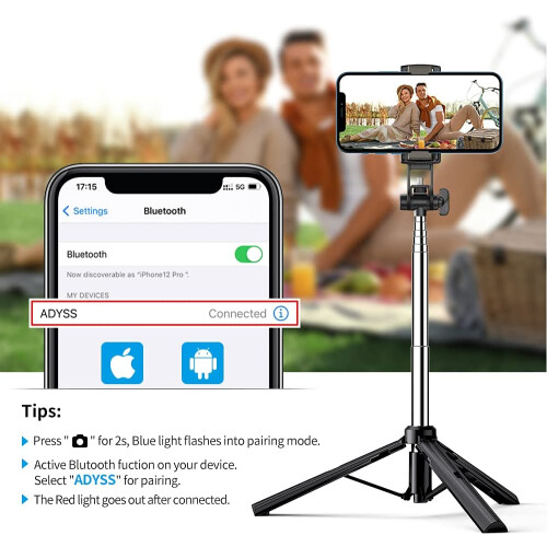 Perche à selfie Bluetooth 31,4'' avec trépied, perche à selfie extensible avec télécommande sans fil et mini trépied. 1