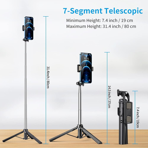 Perche à selfie Bluetooth 31,4'' avec trépied, perche à selfie extensible avec télécommande sans fil et mini trépied. 2