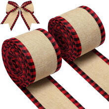 2 Rolla Ribín Sreangaithe Burlap Dearg, 18 troigh an ceann, Comhoiriúnach le Maisiúcháin Nollag, Fillteán Bronntanais & Ceardaíocht