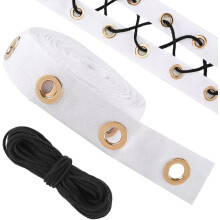 4 Yards 25mm White Cotton Eyelet Tape with 8.5mm Gold Eyelets, Includes 10m Black String for DIY Sewing Crafts