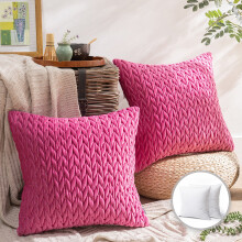 Phantoscope Quilted Velvet Braid Textured Pleated Square Decorative Throw Pillow Cusion for Couch, 18" x 18", Pink, 2 Pack