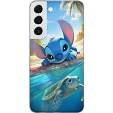 Compatibel met Samsung Galaxy S22 5G Transparant hoesje Stitch met schildpad - schattig blauw buitenaards wezentje in een tropische strandomgeving