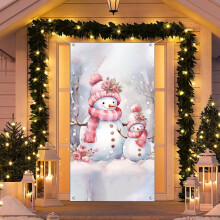 Rideau de porte rose bonhomme de neige 90x200cm, fond décoratif pour porche, idéal pour les fêtes de fin d'année.