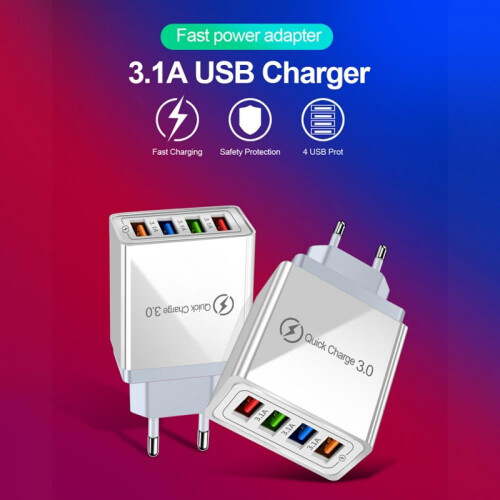Γρήγορη φόρτιση 3.0 Φορτιστής τοίχου USB 4 θυρών με προσαρμογέα, συμβατός με iPhone, Galaxy 1