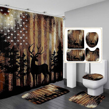 Ensemble de rideau de douche rustique 4 pièces avec tapis de bain antidérapant, motif cerf, wapiti, faune sauvage, chasse, feuille d'érable, pin,