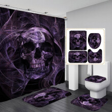 Ensemble de douche squelette Halloween 4 pièces avec tapis antidérapants, couvre-abattant de toilette et tapis de bain, rideau de douche crâne