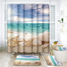 Ensemble de douche 4 pièces sur le thème nautique avec rideau, tapis antidérapant, couvre-abattant de toilette et tapis de bain - Bleu et blanc