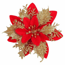 Fleurs artificielles Begine, 16 pièces rouges, 16 décorations de sapin de 14 cm (5,5 pouces), fleurs artificielles dorées et rouges, ornements de