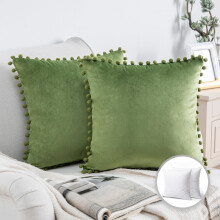 Phantoscope Pom Pom Velvet Series Decorative Throw Pillow, 20" x 20", Green, 2 Pack