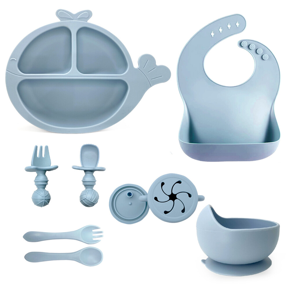 Baby Feeding Set with Silicone Whale-Shaped Plate Bowl Spoon Fork Cup Bib