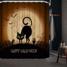 Výprodej! Sprchový závěs s černou kočkou 71x60 palců, netopýr a úplněk, vánoční/halloweenský motiv, vodotěsný, pratelný, s háčky