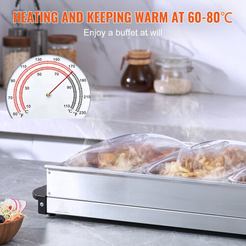 Ηλεκτρικός μπουφές VEVOR 25,6"x15" με 3 ανοξείδωτα τηγάνια, δίσκος θέρμανσης φαγητού για 2