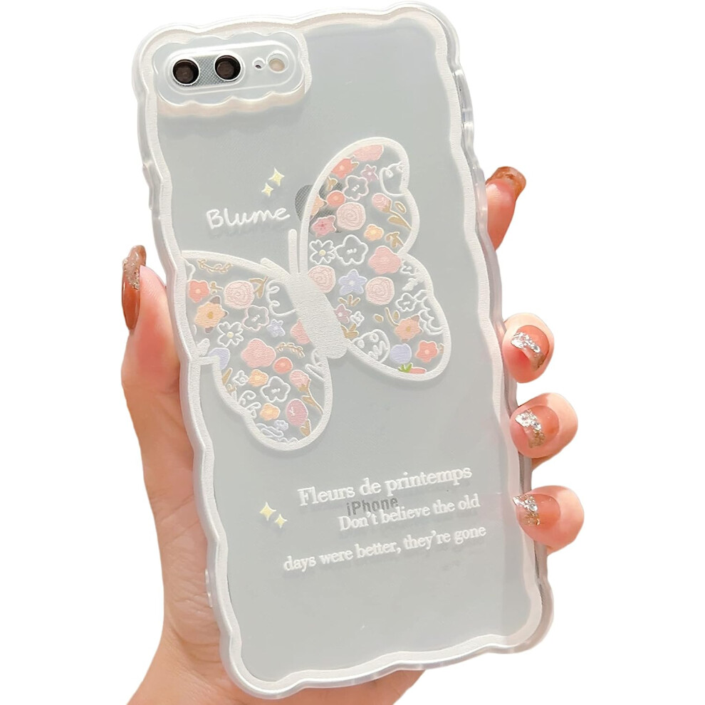 Cute Cartoon Floral Butterfly Case For Iphone 8 Plus/7 Plus - Kawaii Aesthetic Transparent Tpu Cover (White) White 9395123868578