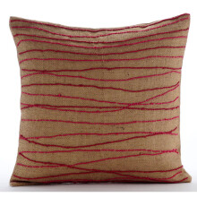 Funda de almohada con cremallera, 14x14 pulgadas, funda de almohada cuadrada de arpillera bordada de yute rojo, rayas - Ambrosia