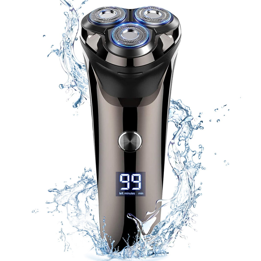 Electric Shaver, IPX7 Waterproof Rechargeable Razor with LED Display, Charging Stand & Pop-Up Trimmer for Dry/Wet Use, Black