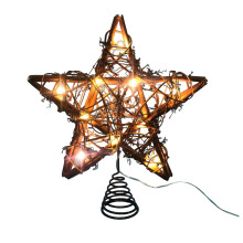 Puntale per albero di Natale Tkrady a forma di stella, in rattan naturale, per interni, con 10 luci LED, decorazione natalizia a forma di stella