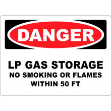 (Metal de aluminio) Peligro Almacenamiento de gas LP Prohibido fumar o encender fuego a menos de 15 metros (50 pies) Señal metálica OSHA Tamaño: