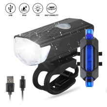 USB genopladeligt LED cykellygtesæt, IPX5 vandtæt, for- og baglygte, 360 rotation, 3 tilstande, blåt lys, kompatibel med cykling og vandreture