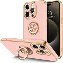Puzdro kompatibilné s iPhone 15Pro Max, otočný o 360 krúžkový stojan, magnetický stojan, ružovo-zlatý okraj, mäkký kryt, biela