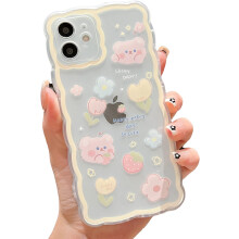 Puzdro pre iPhone 12 s roztomilým kresleným kvetinovým motívom jahodového medvedíka, estetický kawaii tenký mäkký TPU priehľadný kryt pre