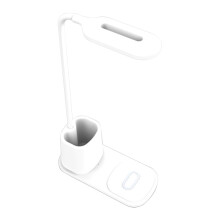 Luminária de mesa LED HESITONE com carregador sem fio, porta USB e controle por toque. Possui 3 tonalidades de luz, porta-canetas e estojo para