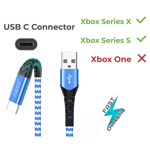 AGOZ Blue1,8 m ekstra langt, holdbart, HURTIGopladningskabel til USB C (type C) til Xbox Series X, Series S-controller 1