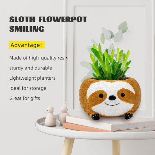 Χαριτωμένη γλάστρα από ρητίνη Sloth με τρύπα αποστράγγισης για μικρά παχύφυτα, με 2