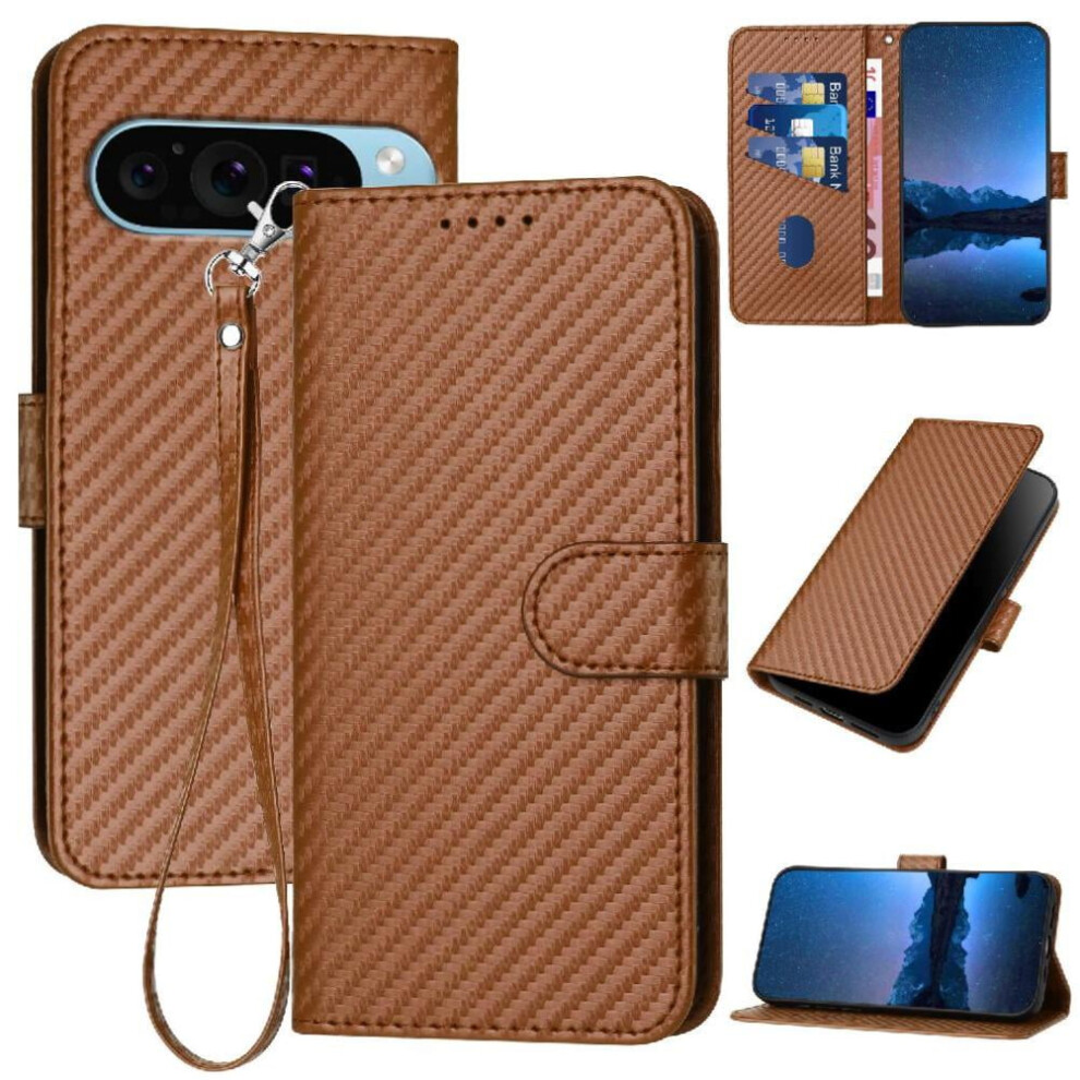 Flip Case For Google Pixel 9 With Detachable Hand Strap Carbon Fiber Surface With Card Slot And Kickstand Premium Leather 9395123510361