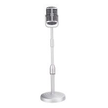 Microfone de mesa vintage, modelo para demonstração, com altura ajustável, prateado.