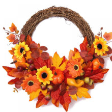 Corona artificial de girasoles de otoño de Xinhuaya de 18 pulgadas, corona de puerta de Acción de Gracias con calabazas y hoja de arce para la