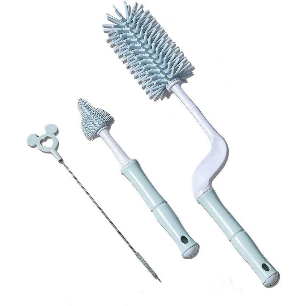 Silicone Baby Bottle Cleaning Brush Set - Long Handle For Narrow Bottles, Thermos, Hydro Flask, Sports Bottles, Straw & Nipple Brush, 3Pcs, Blue