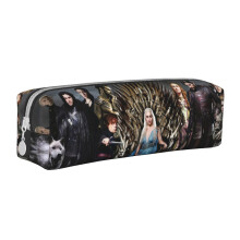 Black Leather Pencil Pouch Compatible with Game of Thrones, Portable Zipper Case for Pens, Markers, Makeup, Coins - White