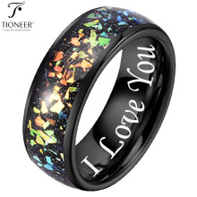 Tioneer Black IP Tungsten Ring 8mm Galaxy Series w/ Opal Inlay in Different Styles Wedding Band for Men Women w/ FREE Engraving Options