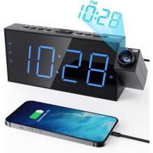 Réveil LED pour chambre, horloge projecteur avec affichage plafond/mur, chargement USB, batterie de secours, variateur 180, compatible 12/24 h,