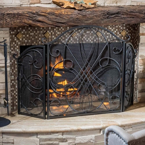 Fireplace Screen 3 Panel Folding Mesh with Handle, Child and Pet Safety, Adjustable Arched Design 1