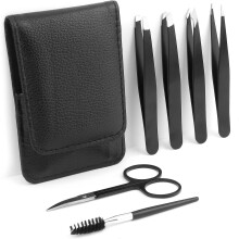 Professional 6Piece Eyebrow Grooming Kit with 4 Precision Tweezers Scissors Brush and Leather Case