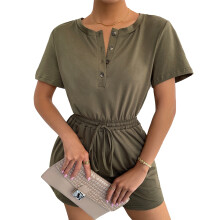 Casual Playsuit Romper För Damer Moderna Sommarsparkdräkter Kortärmade Knappar Framtill Med Avtagbart Knitbälte Lätt Mjukt Tyg