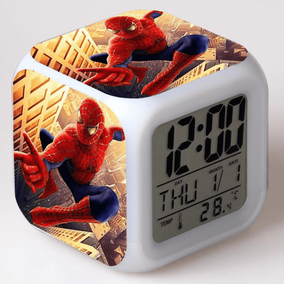 Hanntaoo Kids Digital Alarm Clock With Spider-Man Pattern, 7 Color Led, Thermometer, Night - Compatible With Htnl#1650 Light