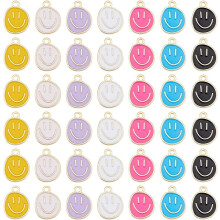 84 piezas de dijes de caras sonrientes, 7 colores, colgantes de caras felices de 17x13x1 mm, aleación esmaltada, parte posterior plana con argolla