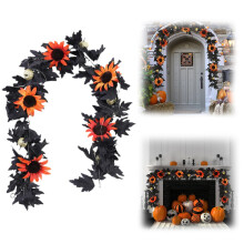 Guirlanda de Halloween Federra Preta com Girassóis e Abóboras para Pendurar, com Ganchos, Ideal para Decoração de Casa, Jardim, Jantar e Lareira